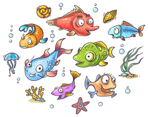 A set of cartoon tropical fishes, clip art