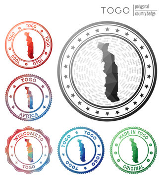 Togo badge. Colorful polygonal country symbol. Multicolored geometric Togo logos set. Vector illustration.