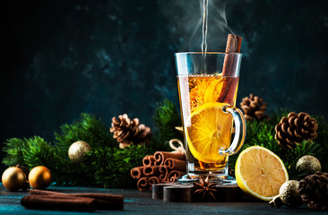 Christmas or New Year hot winter drink, spicy grog cocktail, sangria or mulled wine with tea,...