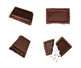 Set of top and side views of dark chocolate pieces isolated on white background