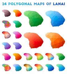 Set of vector polygonal maps of Lanai. Bright gradient map of island in low poly style. Multicolored Lanai map in geometric style for your infographics.