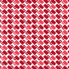 Vector seamless geometric Valentine's day heart pattern. Violet, red and pink pixel hearts on white background.