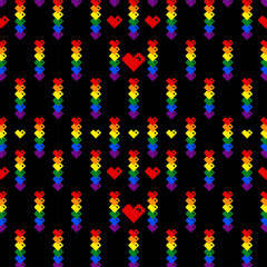 Fototapeta na wymiar Vector seamless Valentine's day heart pattern. Rainbow color palette. Colorful pixel hearts on black background.