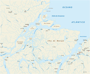 Detailed vector map of the mouth of the Amazon River in the Atlantic Ocean, Brazil