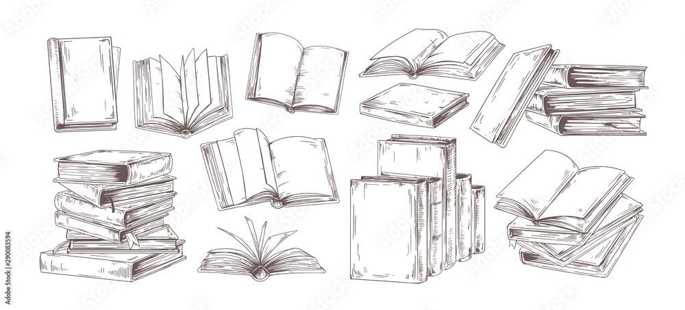 Poster books hand drawn illustrations set. open diary, library textbook with empty pages isolated on white 