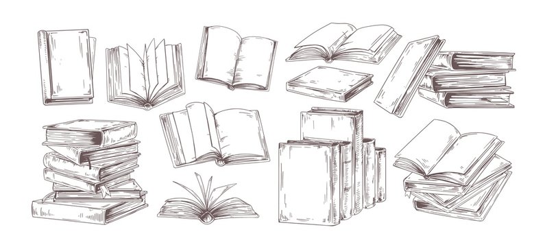 Books hand drawn illustrations set. Open diary, library textbook with empty pages isolated on white background. Closed notebooks stack, planners pile with blank hardback cover. Literature reading.