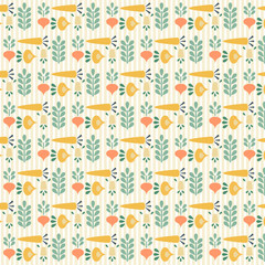 Vector seamless geometric pattern. Colorful vegetables and leaves on light striped background.