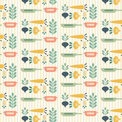 Seamless vector pattern. Colorful vegetables and frying pans on light vertically striped background.