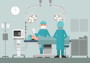Surgery team operating. Medical team performing surgical operation in an operating room. Vector