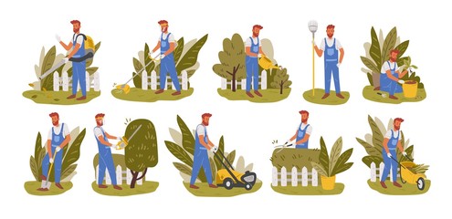 Fototapeta premium Gardener working flat vector illustrations set. Male handyman character mowing grass, trimming trees and bushes isolated pack. Backyard landscaping, plants cultivating and nursery, garden maintenance.