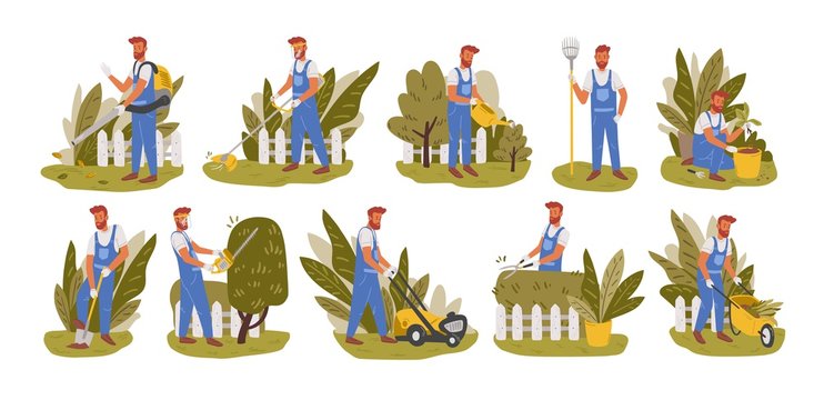 Gardener working flat vector illustrations set. Male handyman character mowing grass, trimming trees and bushes isolated pack. Backyard landscaping, plants cultivating and nursery, garden maintenance.
