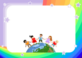 Obraz premium kids background, frame, template with happy kids of different races and skin colors holding hands and standing on the globe, planet. color vector illustration