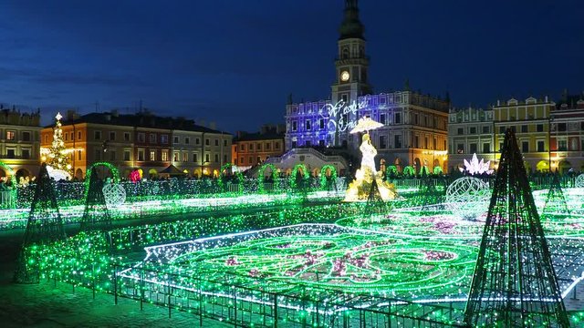Christmas Decorations at the main square of Zamosc, Lublin Voivodeship, Poland