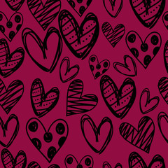 Vector seamless pattern love Valentine's day doodle pattern. Black hand drawn hearts with lines and polka dots on violet background. 