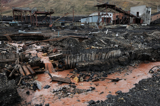 Ruins of the Russian coal mine city Pyramiden, Svalbard, Norway