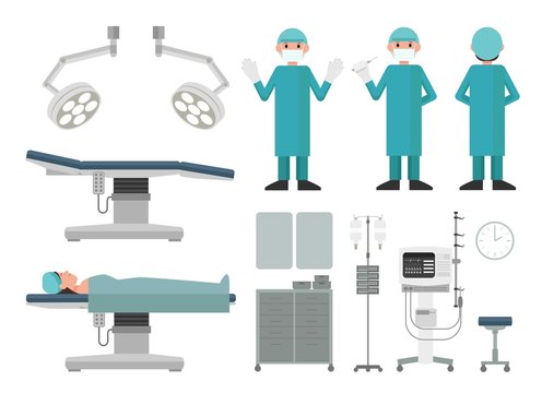 flat vector collection of surgical room items and doctors. 