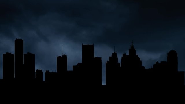Detroit: Cityscape with Dark Skyline of Skyscrapers in Downtown, Lightning and Thunderstorm Time Lapse, Michigan, USA