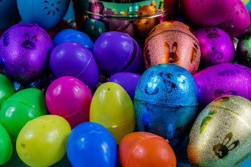 Fototapeta na wymiar Colourful easter eggs, candies and baskets on display. Calgary, Alberta, Canada