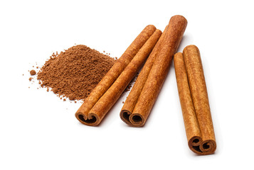 Delicious cinnamon sticks and powder, isolated on white background