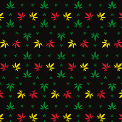 Vector seamless geometric marijuana pattern with colorful leaves on black background. 