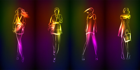 Hand-drawn fashion model from a neon. A light girl's. Fashion girl.