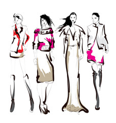 Beautiful young womens. Hand drawn fashion girls. Fashion model posing. Sketch. Vector illustration set.