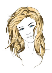 Beautiful young woman with hairstyle and expressive look. Fashion sketch. Fashion girls face. Hand-drawn fashion model. Woman face on a white background. Cosmetics.