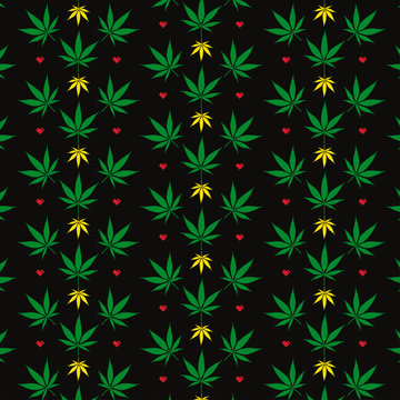 Vector seamless retro cannabis pattern. Green and yellow geometric leaves and tiny red pixel hearts on black background.