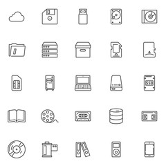 Data storage line icons set. linear style symbols collection, outline signs pack. vector graphics. Set includes icons as Cloud computing, Floppy disk, usb flash drive, HDD, ssd, Compact disc, Server