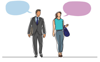 continuous line drawing of two business persons walking together and talking with speech bubbles