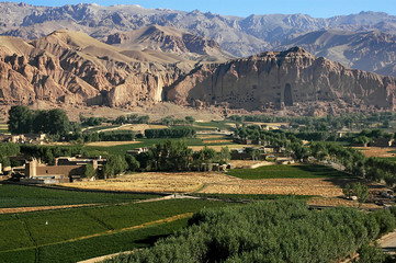 Bamyan (Bamiyan) in Central Afghanistan. This is a view over the Bamyan (Bamiyan) Valley showing the small Buddha niche in the cliff. The Buddhas were destroyed by the Taliban. UNESCO site Afghanistan