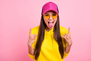 Photo of rude crazy girlfriend wearing yellow sweater hoodie liking to hang out with loud music...
