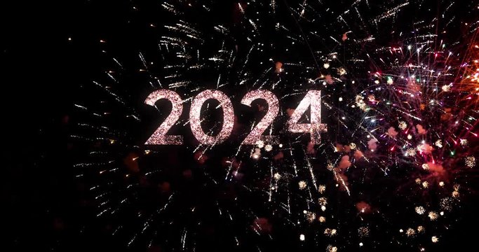 2024 text with amazing fireworks in the background. Perfect for the New Year celebration greeting with colorful fireworks, typography design - Event & Festive concept 4K