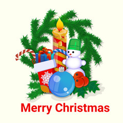 Merry Christmas and Happy New Year greeting card, gifts, Christmas wreath and candle