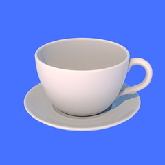White ceramic mug with saucer for tea on blue background