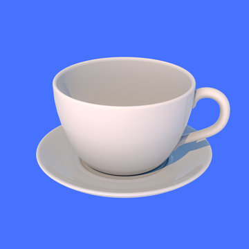 White ceramic mug with saucer for tea on blue background