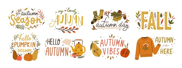 Autumn hand drawn lettering vector set. Fall season handwritten slogan stickers pack. Autumn phrases with cute and cozy design elements decorative bundle. Fall inscription collection isolated on white
