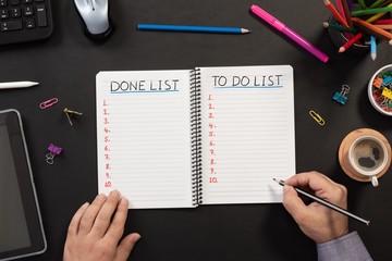 Writing To Do list, Over Head View Of Work Desk.