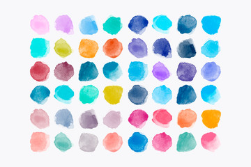 Set of colorful watercolor hand painted round shapes, stains, circles, blobs isolated on white. Illustration for artistic design