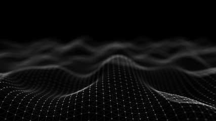 Wave 3d. Wave of particles. Abstract black Geometric Background. Big data visualization. 3d rendering.