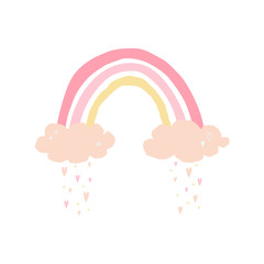 Rainbow with clouds, rain in cartoon style isolated on white background for kids. Cute illustration in hand drawn style for posters, prints, cards, fabric, children's books, interior design. Vector
