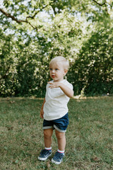 Adorable Cute Little Blond Hair, Blue Eyed Kid Boy in White Tee Shirt Playing and Discovering New Things Outside in Nature at the Green Park in the Summer Season