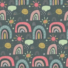 Gardinen Vektornahtloses Muster mit Regenbogen, Wolken, Sonne, Regentropfen. Kindische Textur für Stoff, Textil, Bekleidung. © Andrei