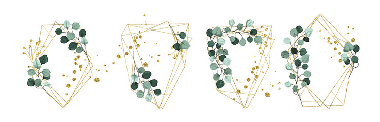 Wedding floral golden geometric triangular frame with silver dollar eucalyptus greenery leaves floral branches isolated on white background. Botanical vector illustration invitation card save the date © Madina Asileva