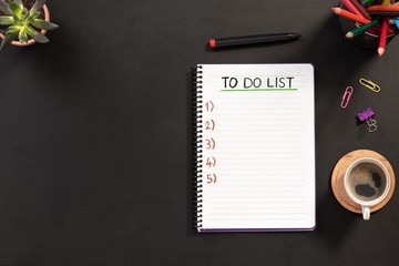 Writing To Do list, Over Head View Of Work Desk.
