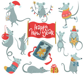 Vector collection of 2020 Chinese New Year simbol. Hand drawn set of cute mice with Santa hat, cheese, gifts, garland.