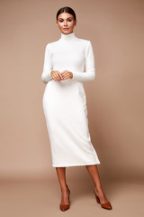 Pretty beautiful sexy elegance woman skin tan body fashion model glamor pose wear trend dress...