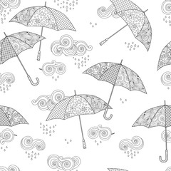 Seamless pattern with Umbrella in Zentangle inspired doodle style isolated on white. Coloring book page for adult - 290094981