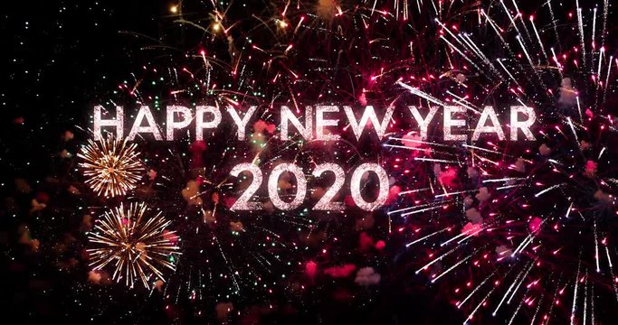 Happy New Year 2020 greeting text with sparkles and fireworks in a black night sky. Perfect for new year celebrations, typography design - Event & Festive concept 4K
