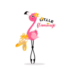 Little flamingo with pointe shoes. Yellow pointe shoes for pink flamingos. Flamingo dancing. Prima ballet.
